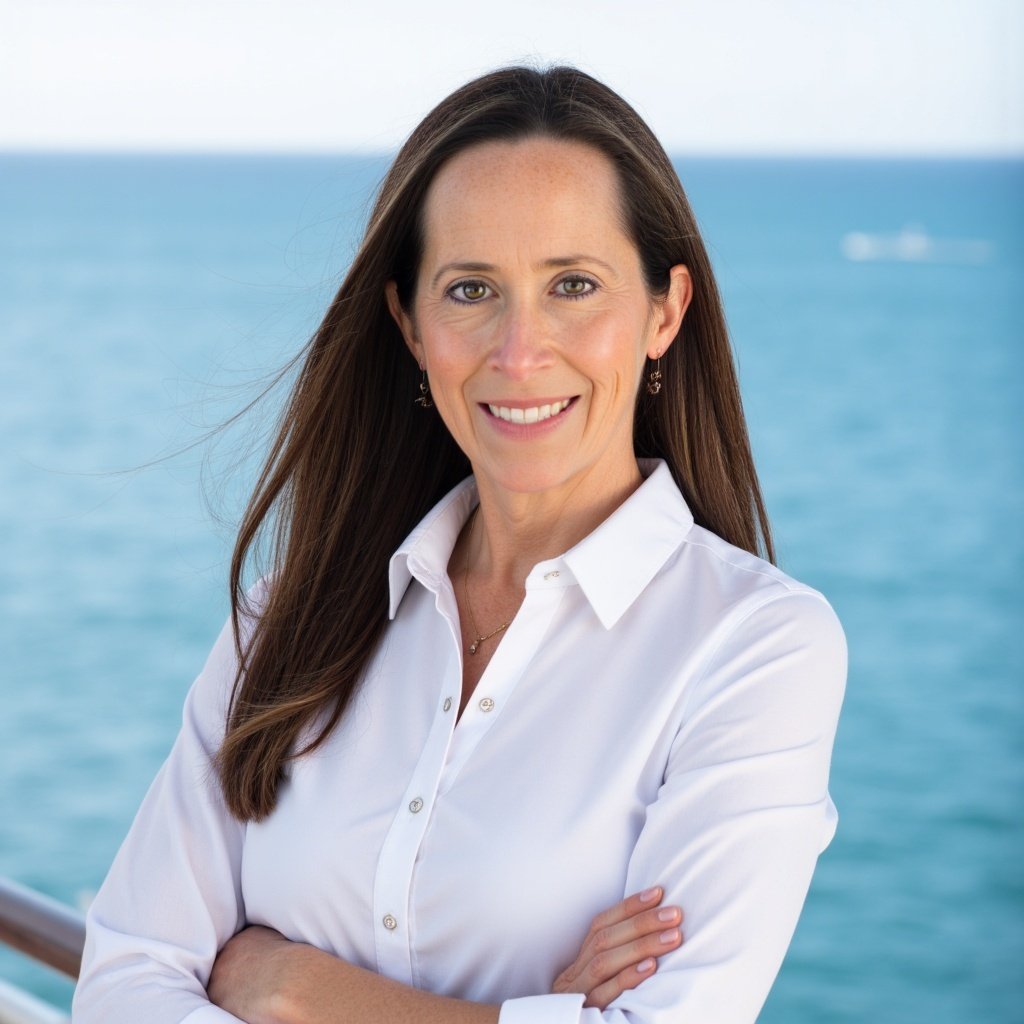 A woman with long brown hair wearing a white button-up shirt, standing outdoors with an ocean in the background.