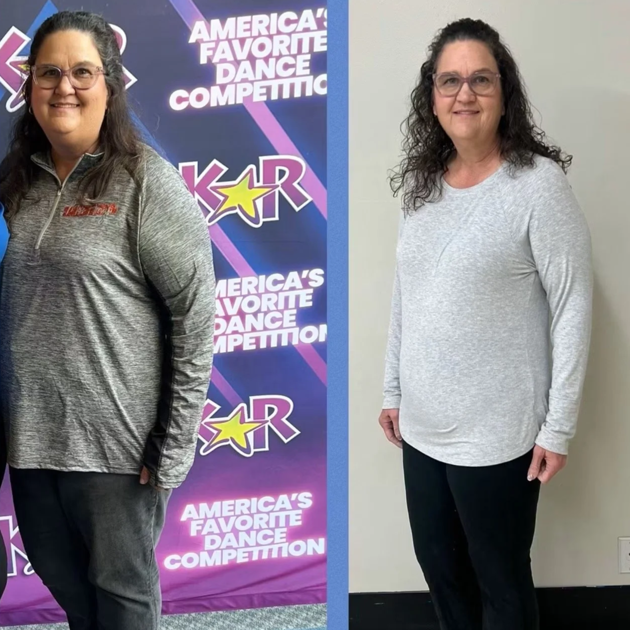 Before and after photos of a woman with curly hair and glasses, wearing a gray long-sleeve shirt and black pants, showing a transformation with a weight loss or health improvement.