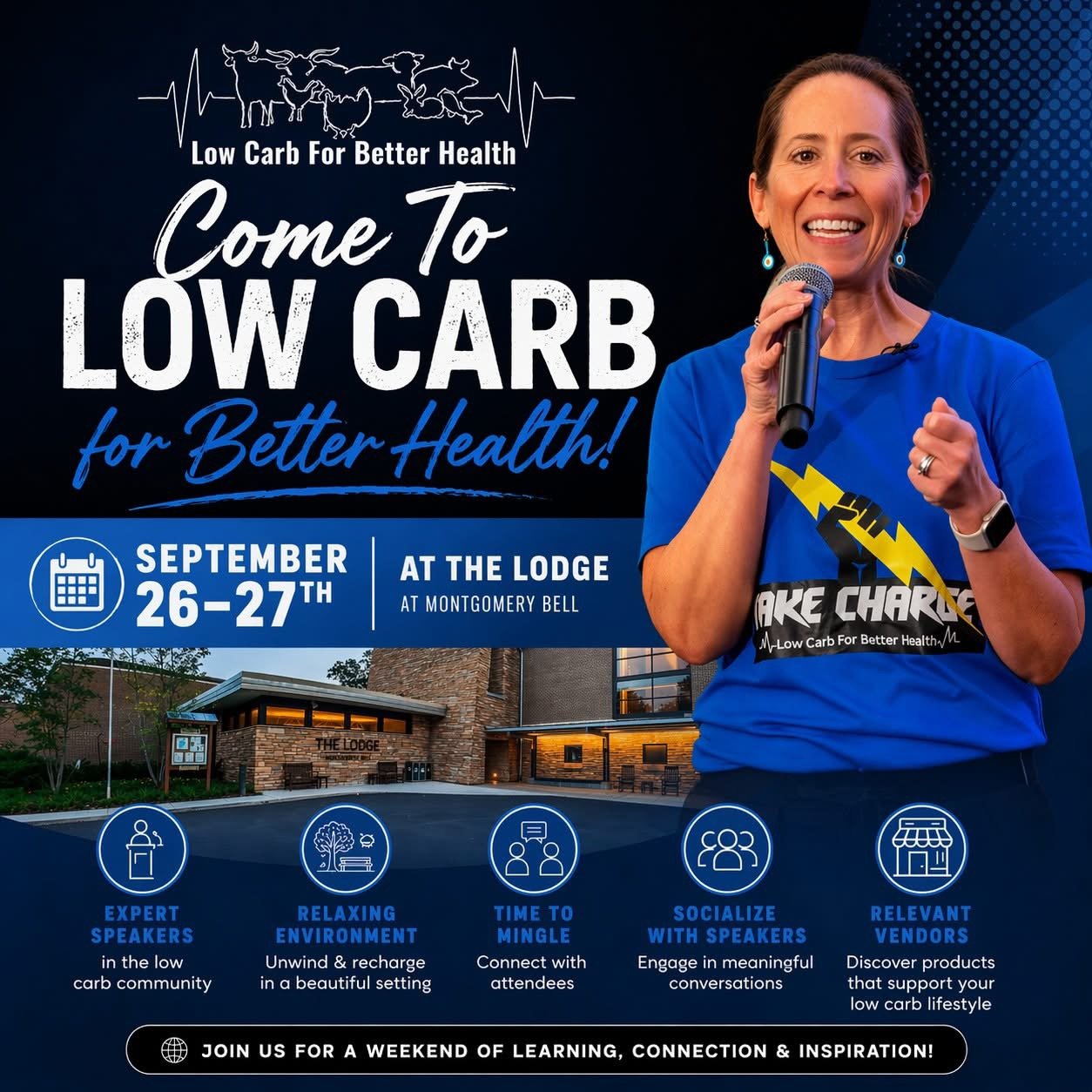 Promotional flyer for a low carb health event on September 26-27 at Montgomery Bell, featuring a woman speaking into a microphone, with icons for expert speakers, relaxing environment, socializing, relevant vendors, and a photo of The Lodge building.