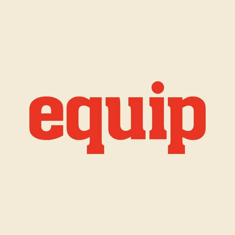 The word "equip" written in bold, red lowercase letters on a light beige background.