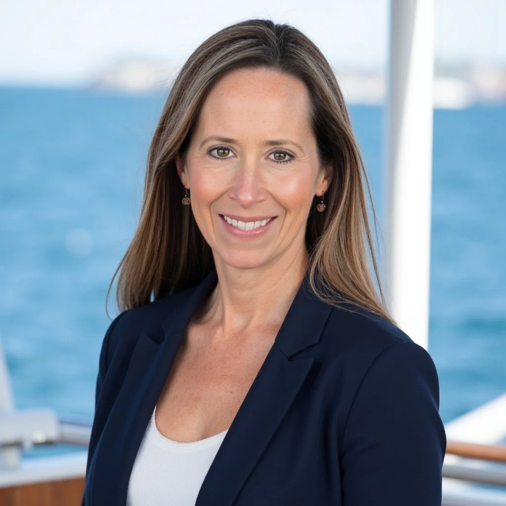 A woman in a navy blazer smiling at the camera while on a boat, with the ocean and blue sky in the background.