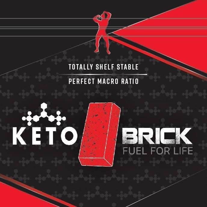 A promotional graphic for a keto supplement called 'Keto Brick' with a muscular figure at the top, a prominent red brick in the center, and text emphasizing a stable shelf life and macro ratio.