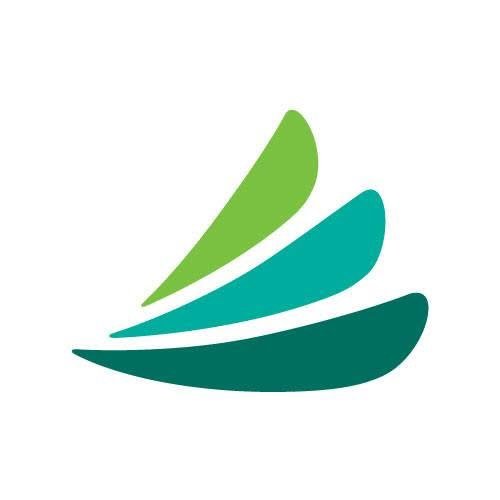 Graphic of four curved, wave-like shapes in shades of green and blue
