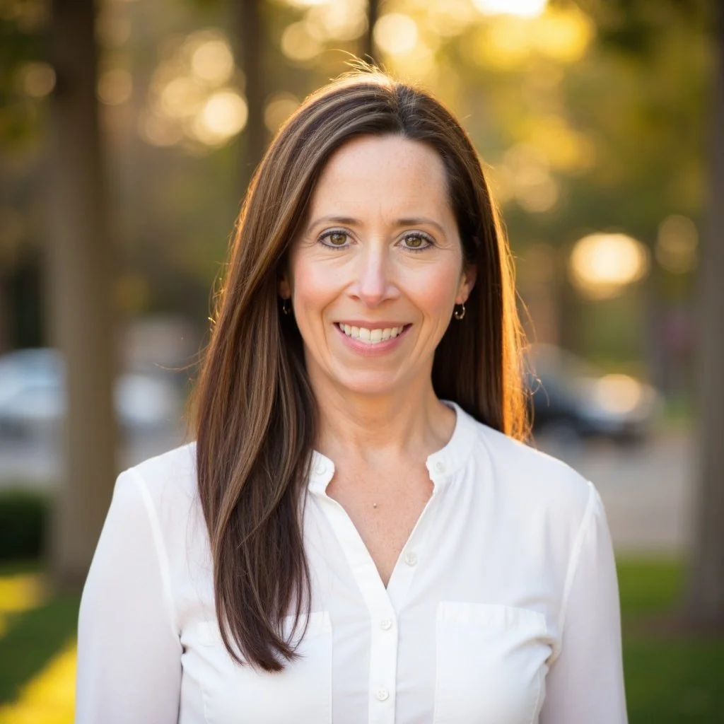 A woman with long brown hair smiling outdoors during sunset, wearing a white blouse with a collar.
