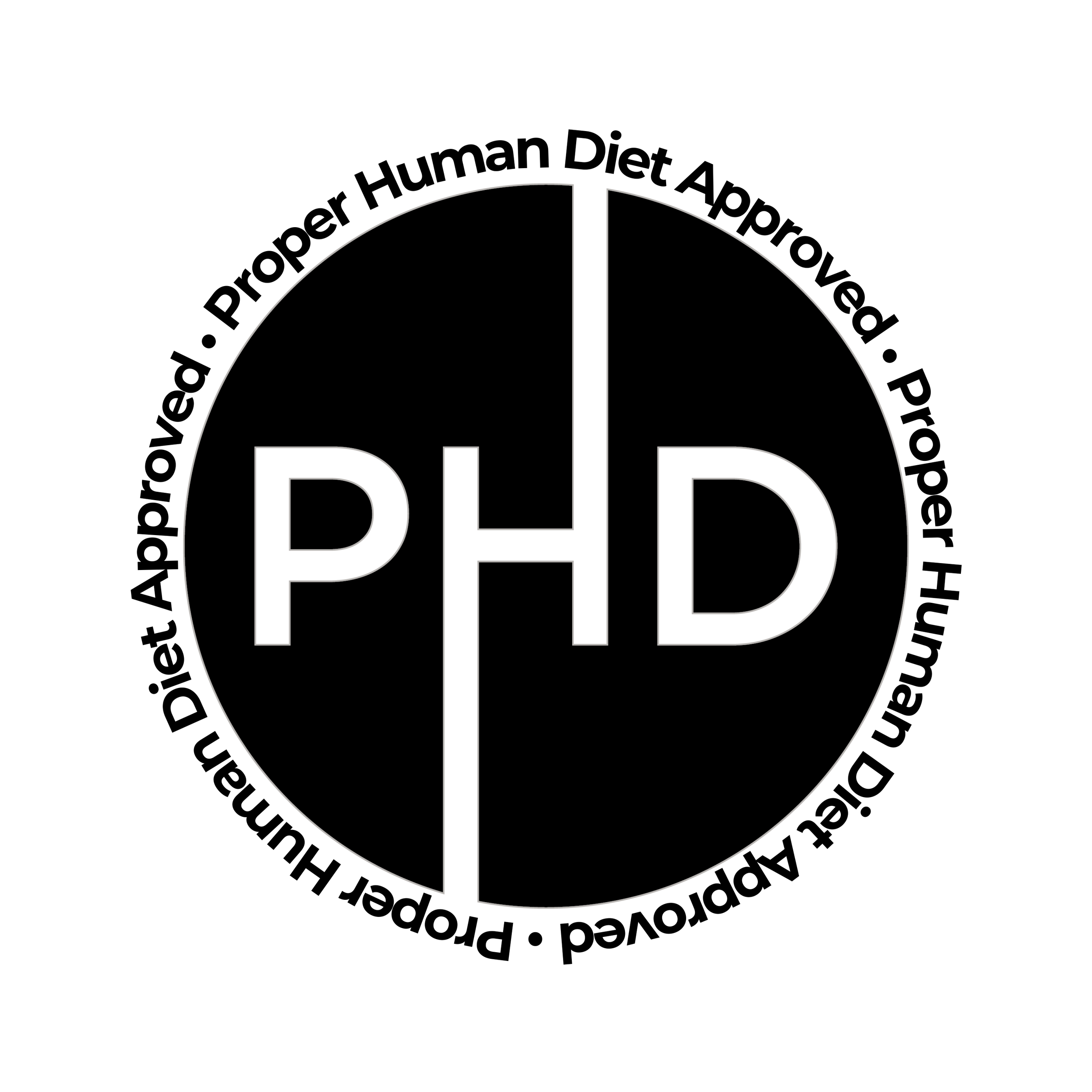 Black-and-white circular logo with the text 'Proper Human Diet Approved' and a large 'BHD' in the center.