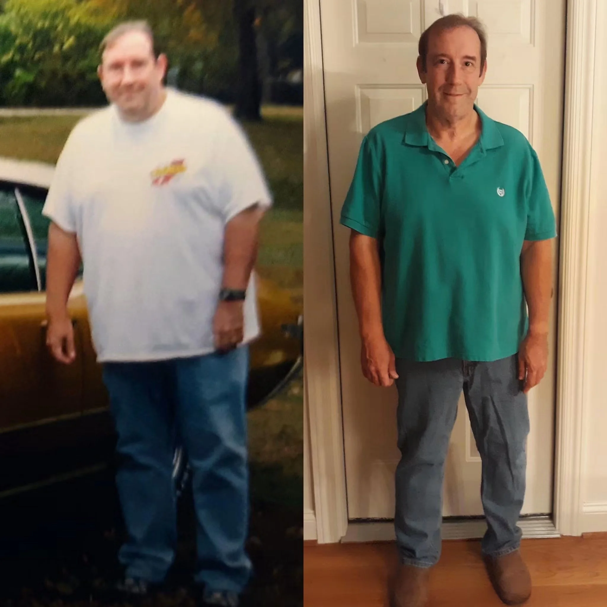 Comparison of two photos of the same man. The left photo is blurry and taken outdoors at night, showing an older man with short hair, wearing a white T-shirt and jeans. The right photo is clear and taken indoors, showing the same man with short hair,
