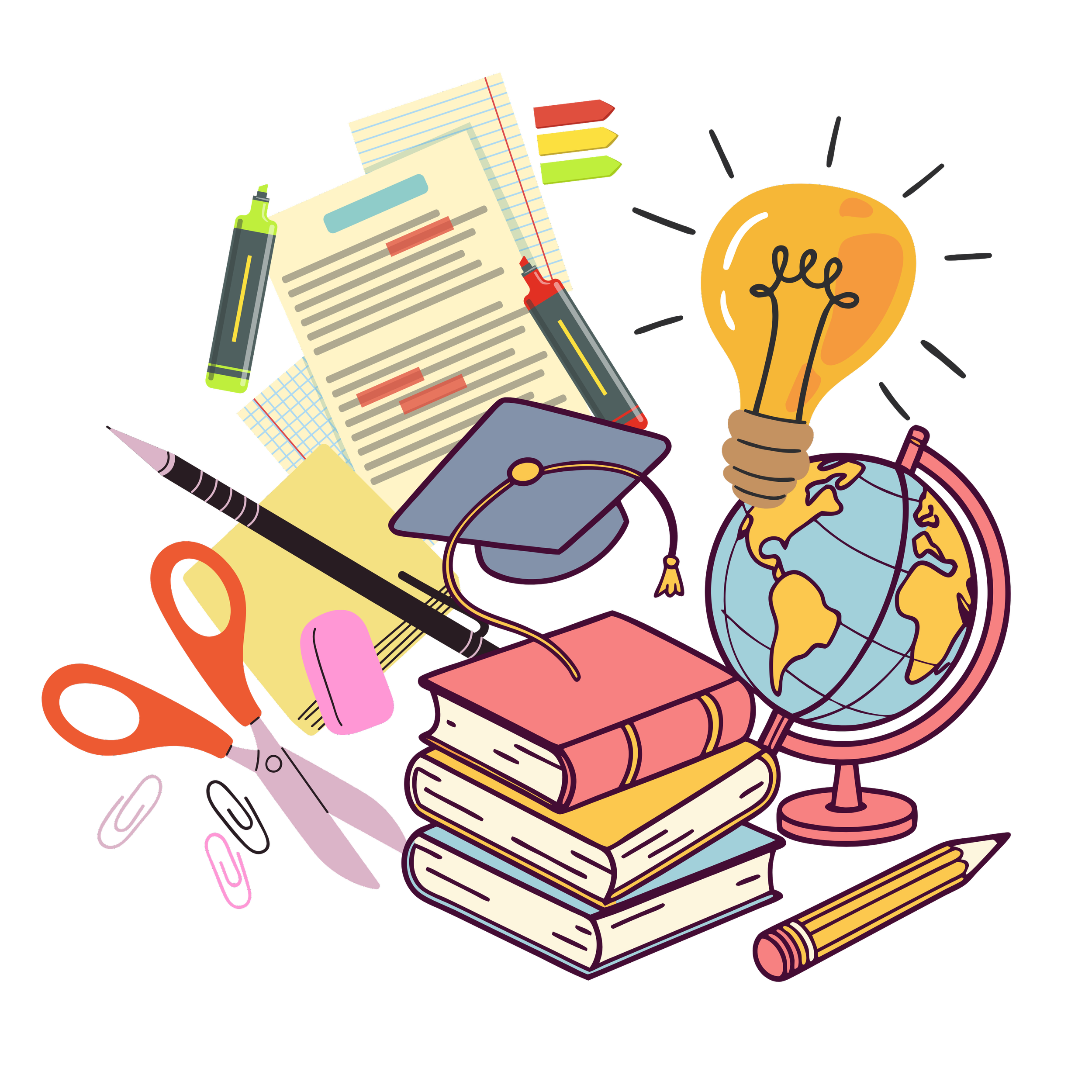 Illustration of study materials including notebooks, papers, a tablet, highlighters, scissors, paper clips, a light bulb, and a globe representing ideas and education.