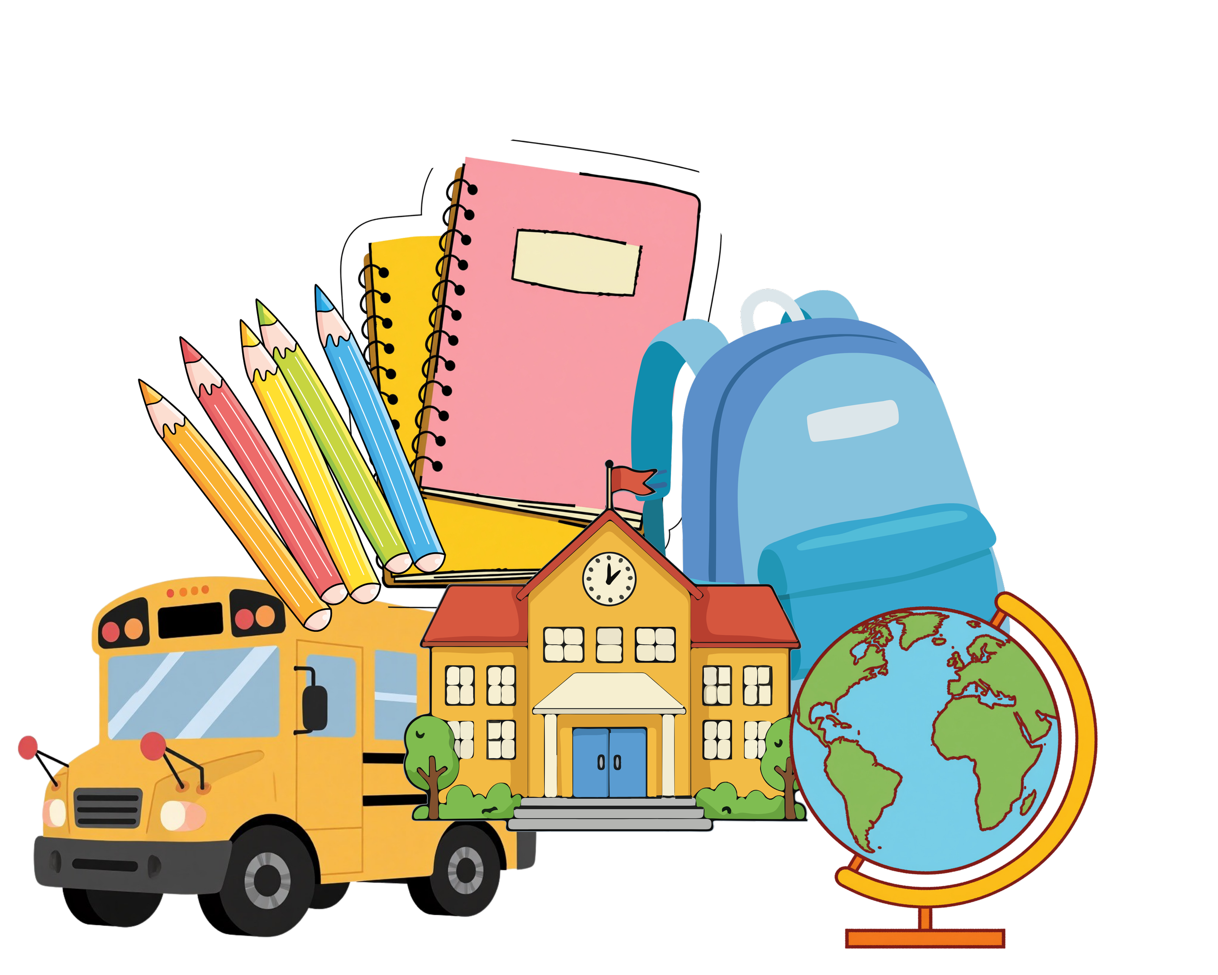 A colorful illustration featuring a school bus, notebooks, colored pencils, a clock, a small house, a globe, and a backpack.