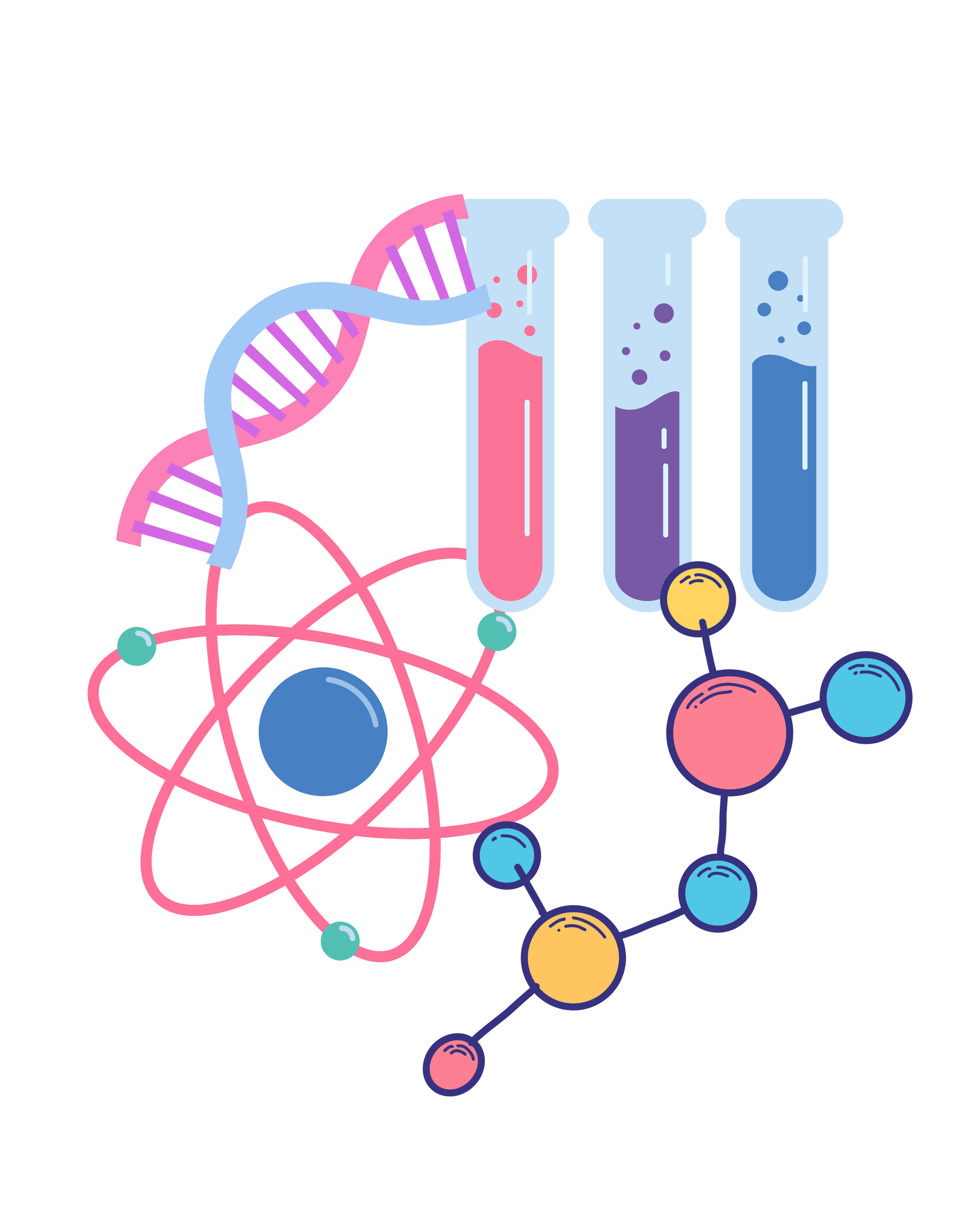 Illustration of DNA helixes and test tubes with colorful liquids and molecules.