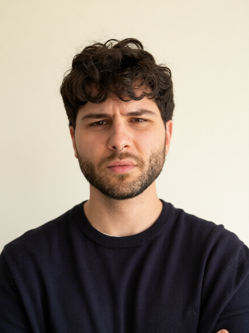 Close-up portrait of young man with dark, curly hair and light skin, wearing a black t-shirt, against a plain light-colored background.