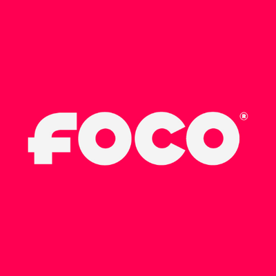 Foco logo with white text on a pink background.