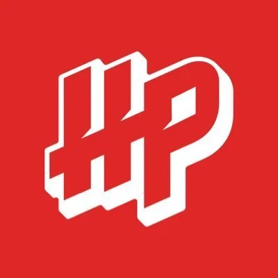 Hit Parade Logo A red background with a white three-dimensional logo that appears to be a stylized combination of the letters 'H' and 'P'.