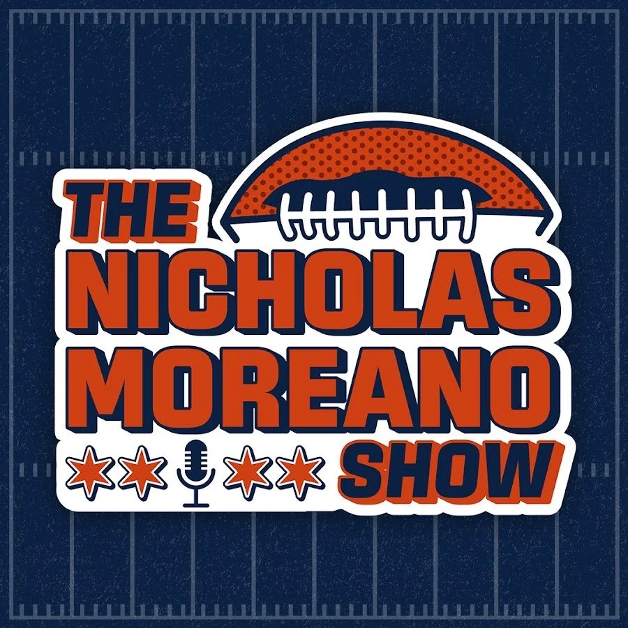 Logo for The Nicholas Moreano Show with a football, stars, microphone, and sports field background.