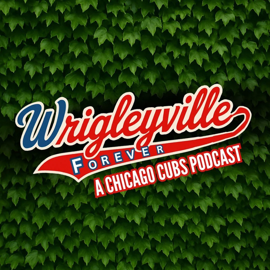 Green ivy wall with a logo for Wridgeville Forever, a Chicago Cubs podcast, featuring red, white, and blue text.