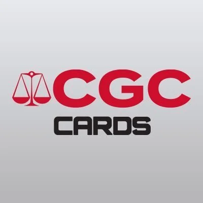 Logo for CGC Cards featuring red and black text with a red scales of justice symbol.