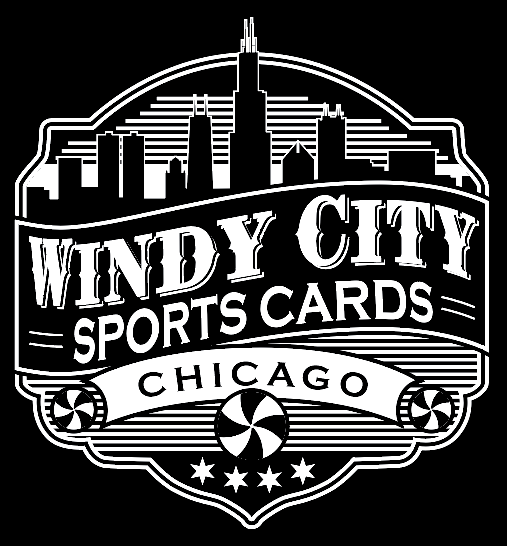 Black and white logo for Windy City Sports Cards featuring Chicago skyline and ice cream swirl icons.
