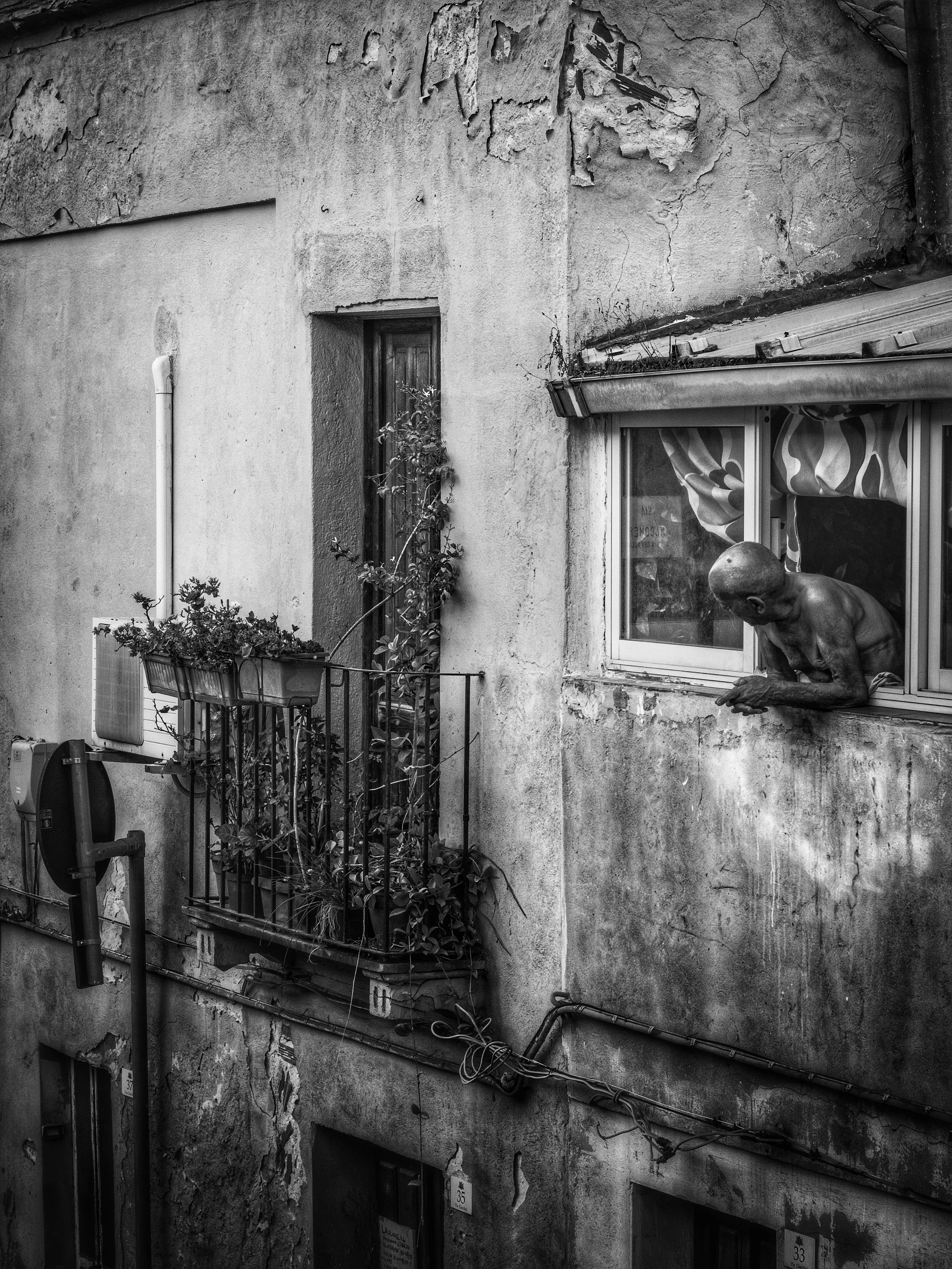 A black and white photo of a weathered building with peeling paint on the walls. There are two small windows with curtains, one with a man leaning out, bending forward. There is a small balcony with potted plants and a metal railing. Various utility wires and pipes are attached to the wall.