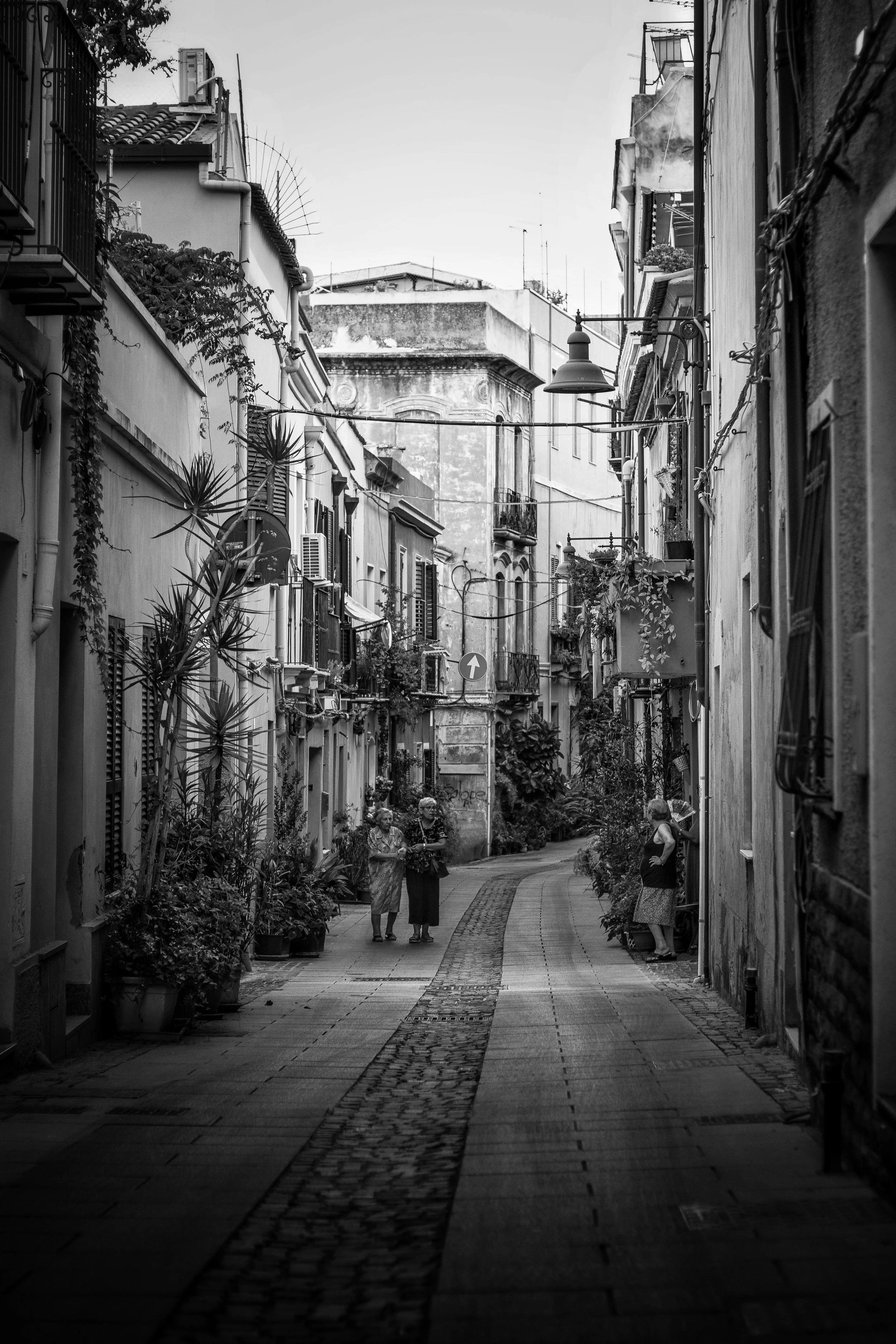 A narrow street in an old city neighborhood. Three elderly women are talking in the middle of the street, and another woman is standing to the side. The street is lined with plants, balconies, and building facades, with a vintage streetlamp hanging o