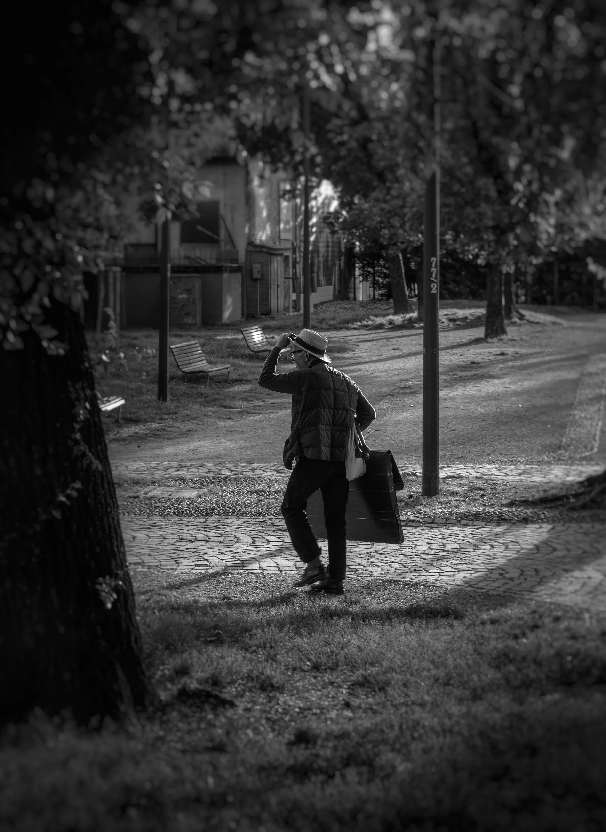 A person wearing a hat and glasses, carrying a bag and a rolling suitcase, walks along a park path surrounded by trees, with benches and a building visible in the background, in black and white.