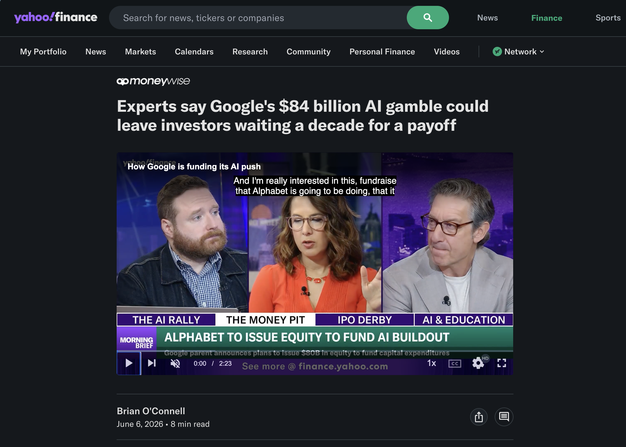 Screenshot of a Yahoo Finance article with a headline about Google's AI gamble, featuring a video of three people speaking on a TV show or panel, with a news ticker at the bottom mentioning AI, investment, and funding.