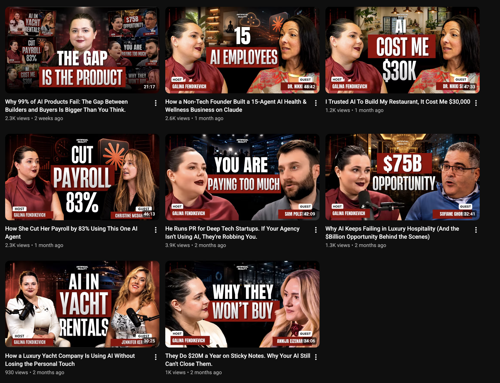 Thumbnail images of YouTube video thumbnails featuring women and men discussing artificial intelligence in a professional setting, with bold red and white text overlaying the images.