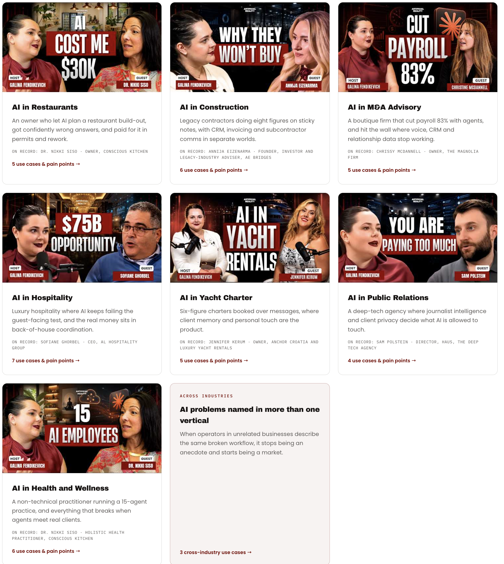 Digital collage featuring images of women having discussions or interviews with bold headlines overlaid, such as 'AI Cost Me $30K,' 'Why They Won't Buy,' and 'Cut Payroll 83%.' The collage highlights industry sectors like restaurants, construction, M&A advisory, hospitality, yacht charters, and public relations, with smaller text descriptions and speaker labels for each segment.