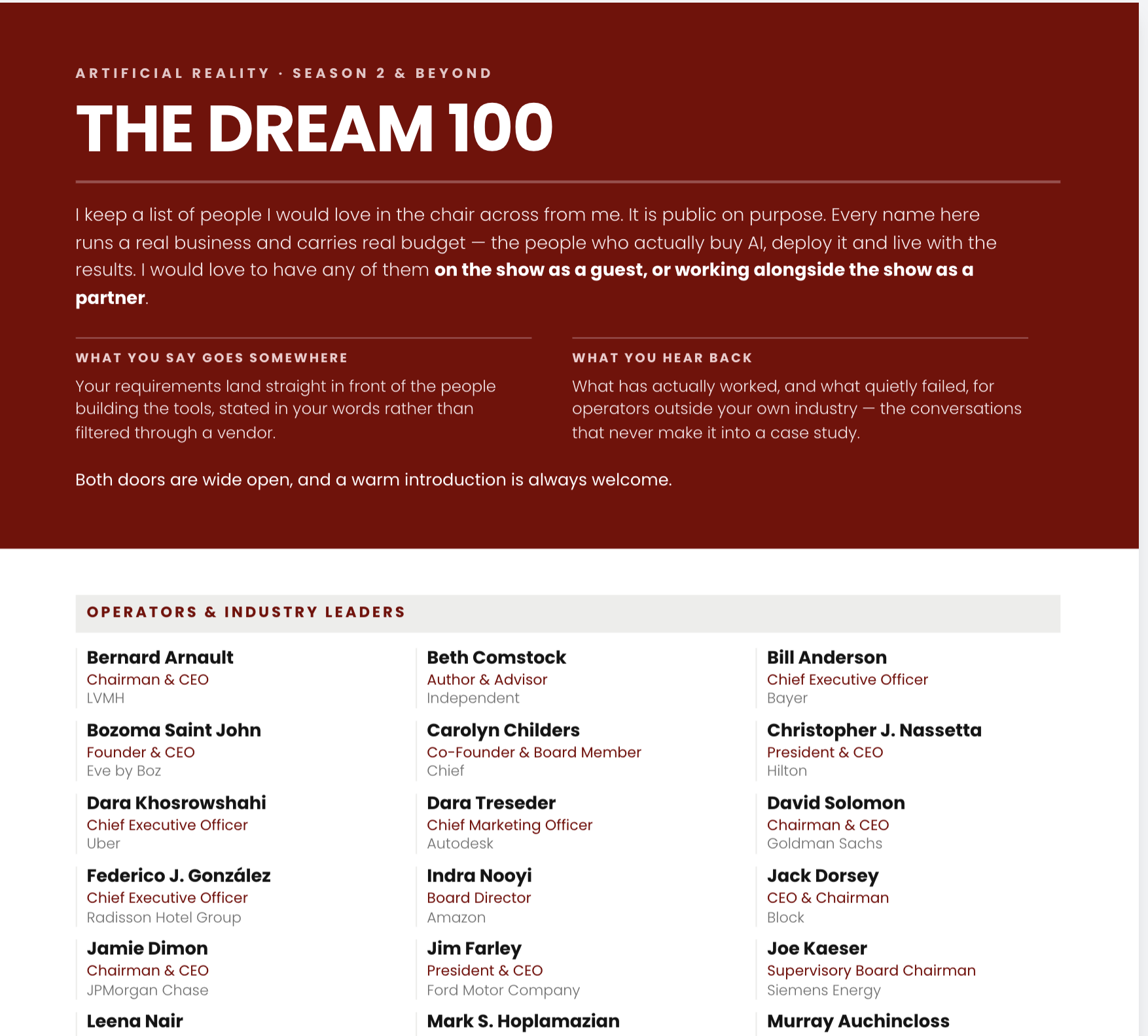A webpage header titled 'The Dream 100' featuring a list of industry leaders and executives, including their names, titles, and organizations, under a red background with white and black text.