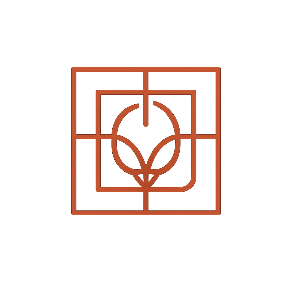 A stylized graphic design featuring an alien head and geometric shapes, primarily in shades of red and orange.