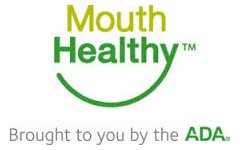 Logo with the phrase 'Mouth Healthy' and a smile, presented by the ADA.