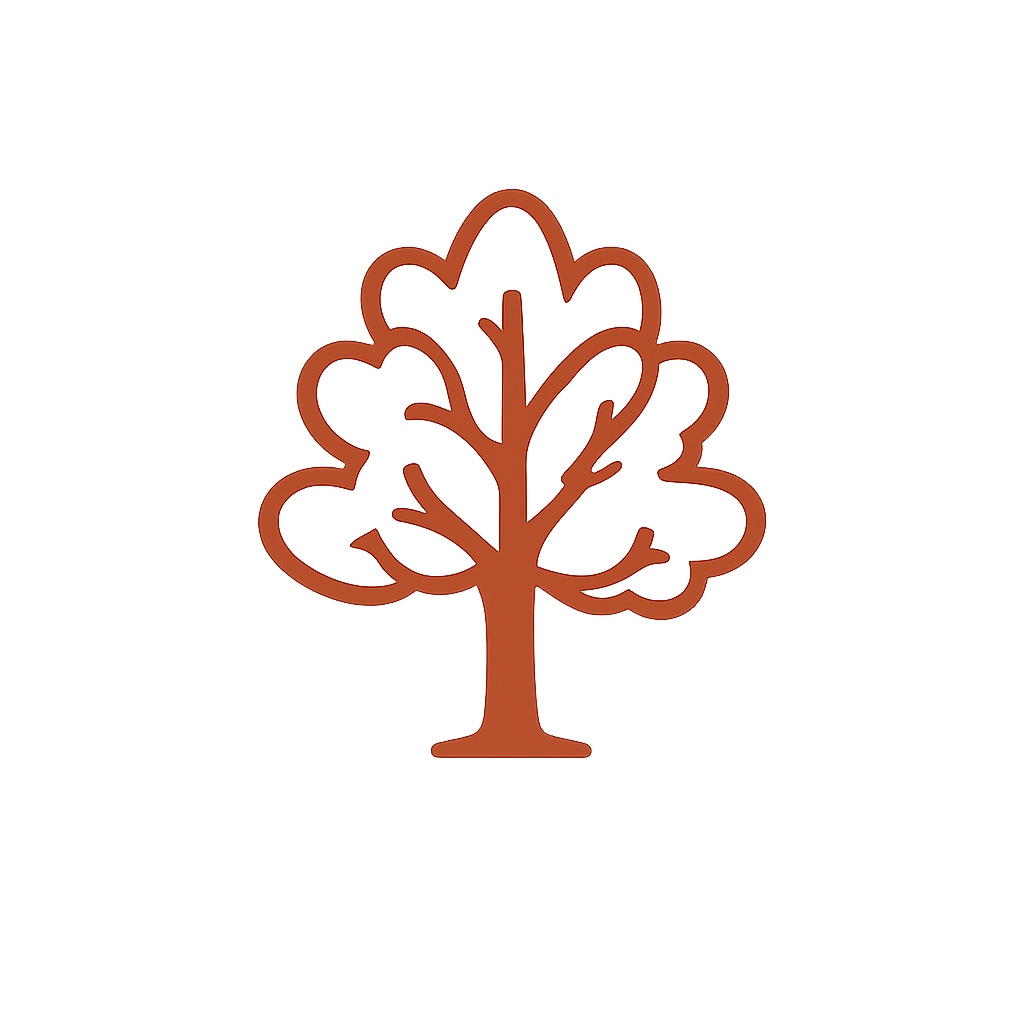 An illustration of a stylized oak tree with white leaves and a brown trunk, with text that says 'Oak Tree'.