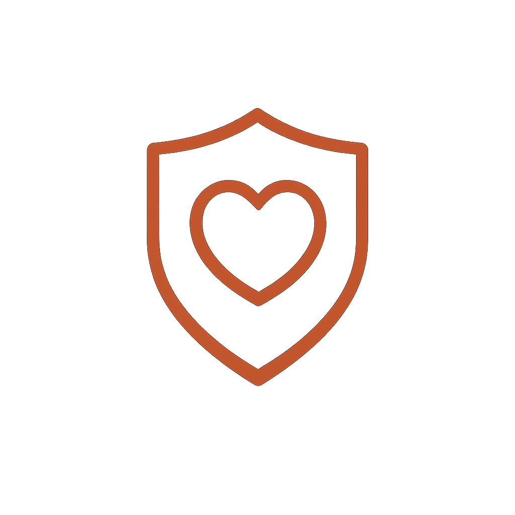 Outline of a shield with a heart inside, representing health or protection.