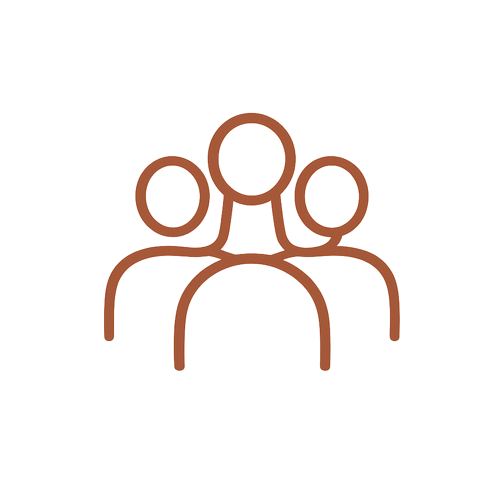 Outline icon of three people standing together, representing a group or community.