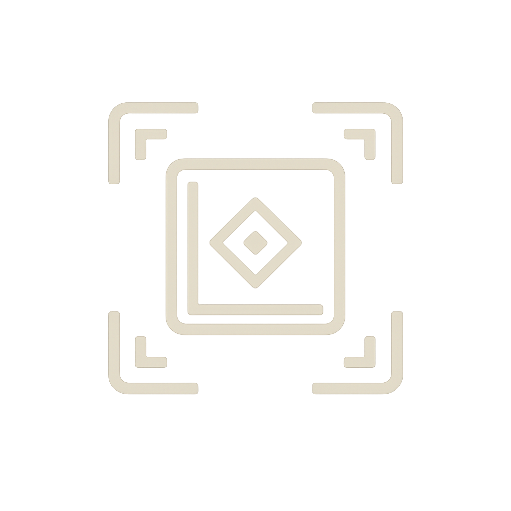 Icon representing scan or focus with a central square containing a diamond shape, surrounded by framing lines.