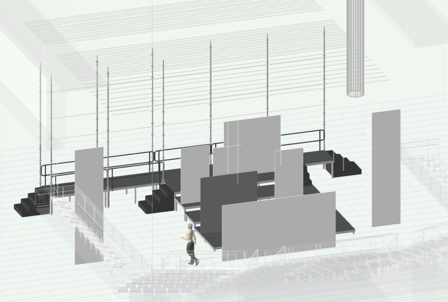 A digital architectural rendering of a construction site with scaffolding, barriers, and a large open space, including a person walking and various structures in black, gray, and white.