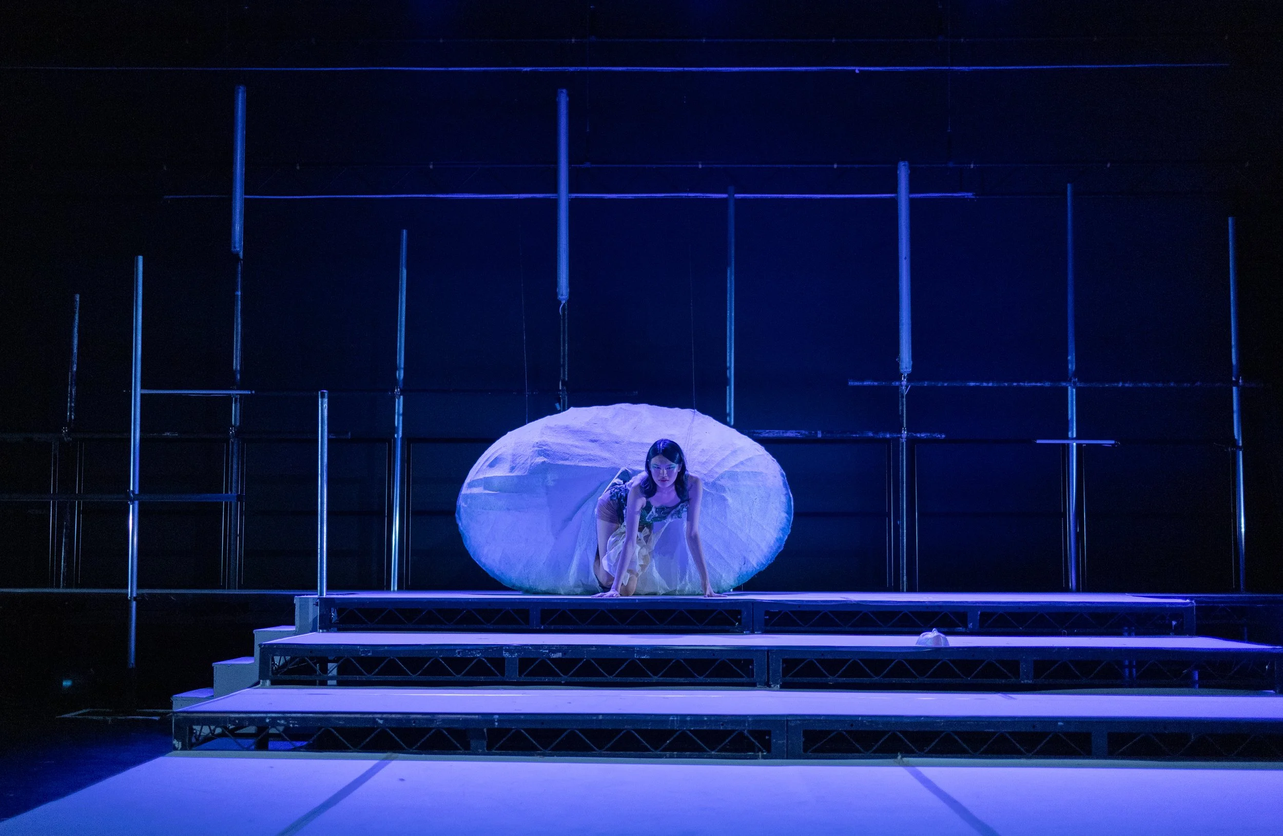 A woman performing a dance or theatrical act on stage, crouching in front of a large circular prop resembling a shell, with a dark background and blue lighting.