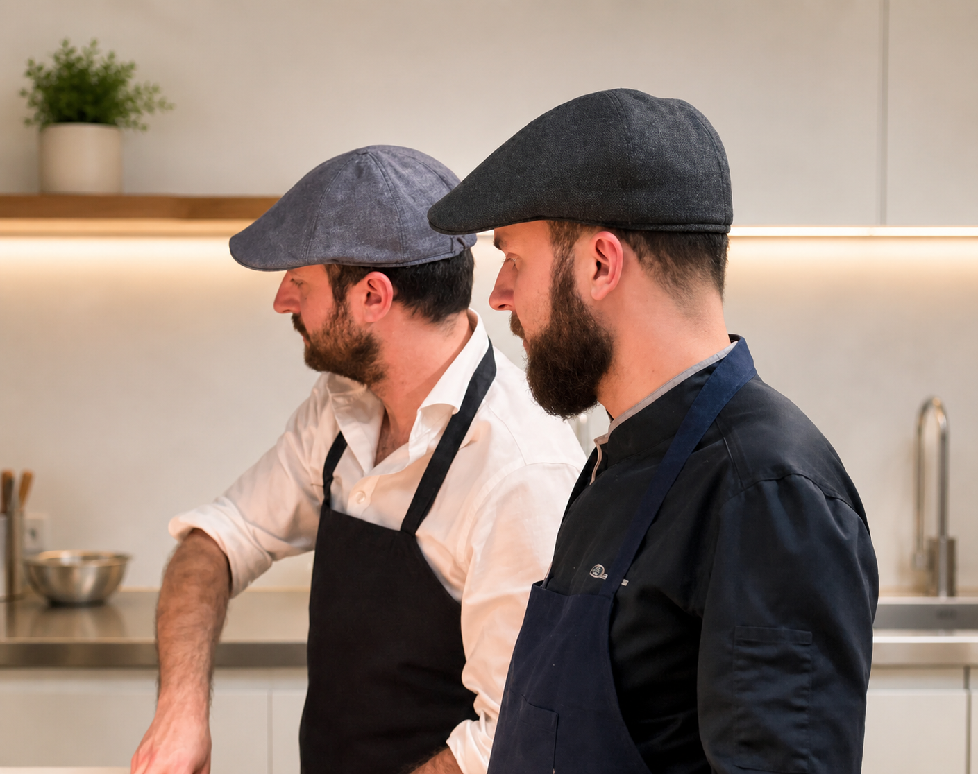 Two male chefs wearing gray and dark gray hats and aprons working in a kitchen, side by side, focusing on their tasks.