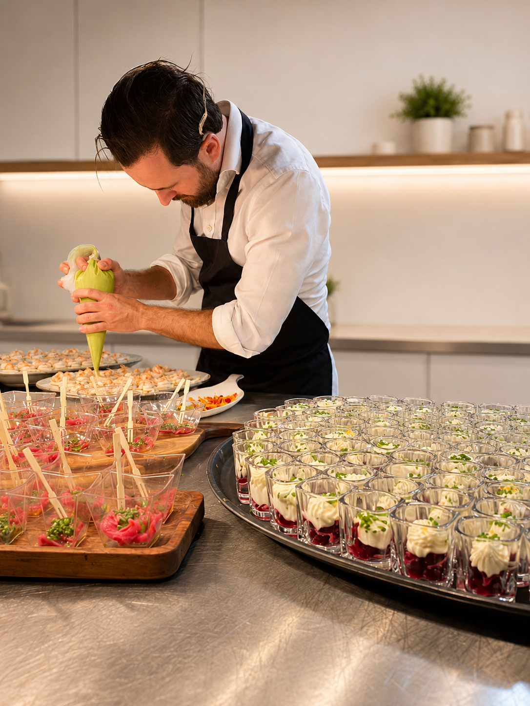 A chef in a white shirt and black apron decorates small dessert cups on a tray in a modern kitchen.