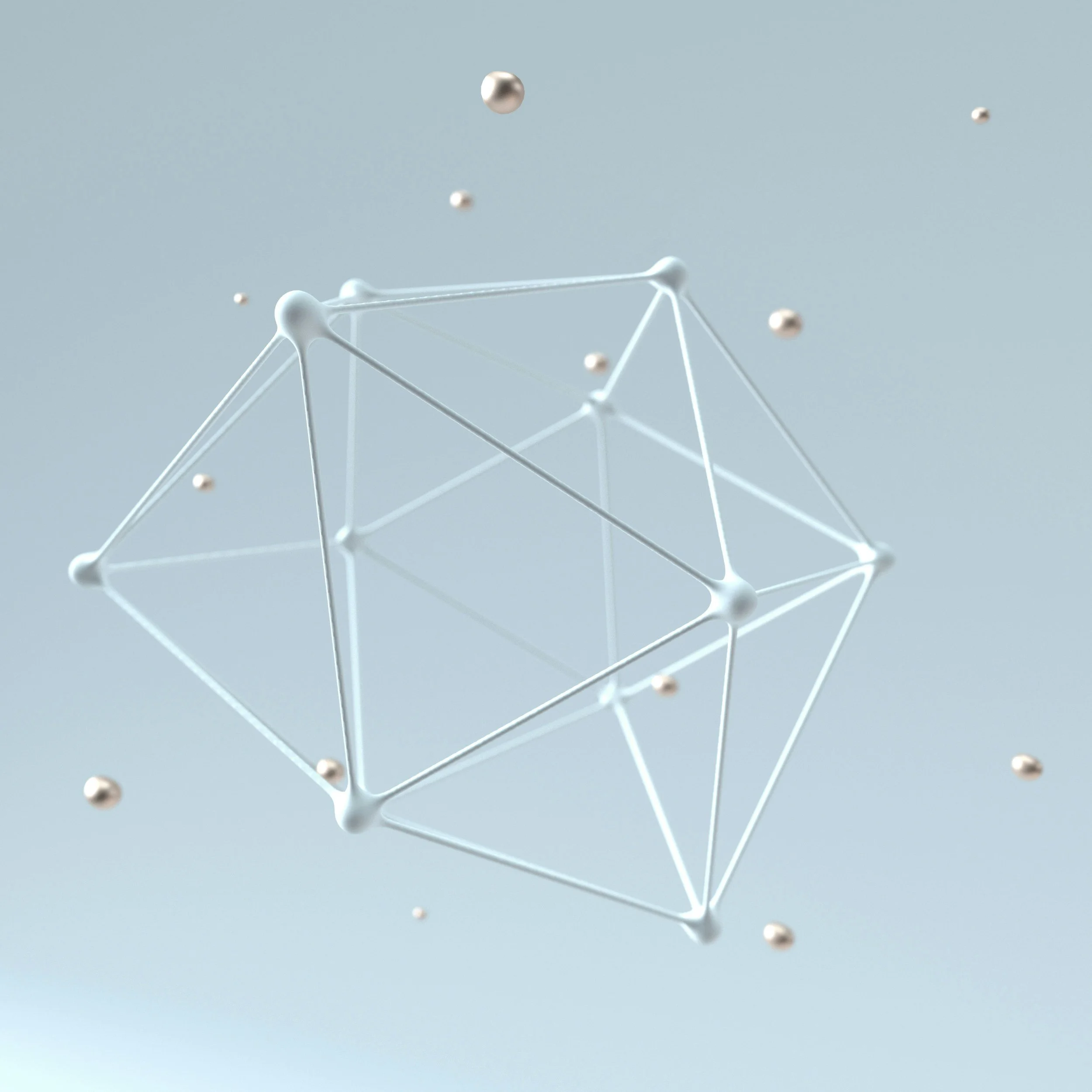 Abstract digital illustration of connected spheres and lines on a light blue background.