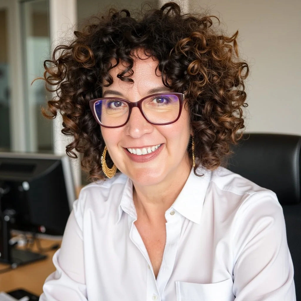 A woman with short, curly hair and glasses, smiling and wearing a white blouse and gold earrings, seated at her office desk.