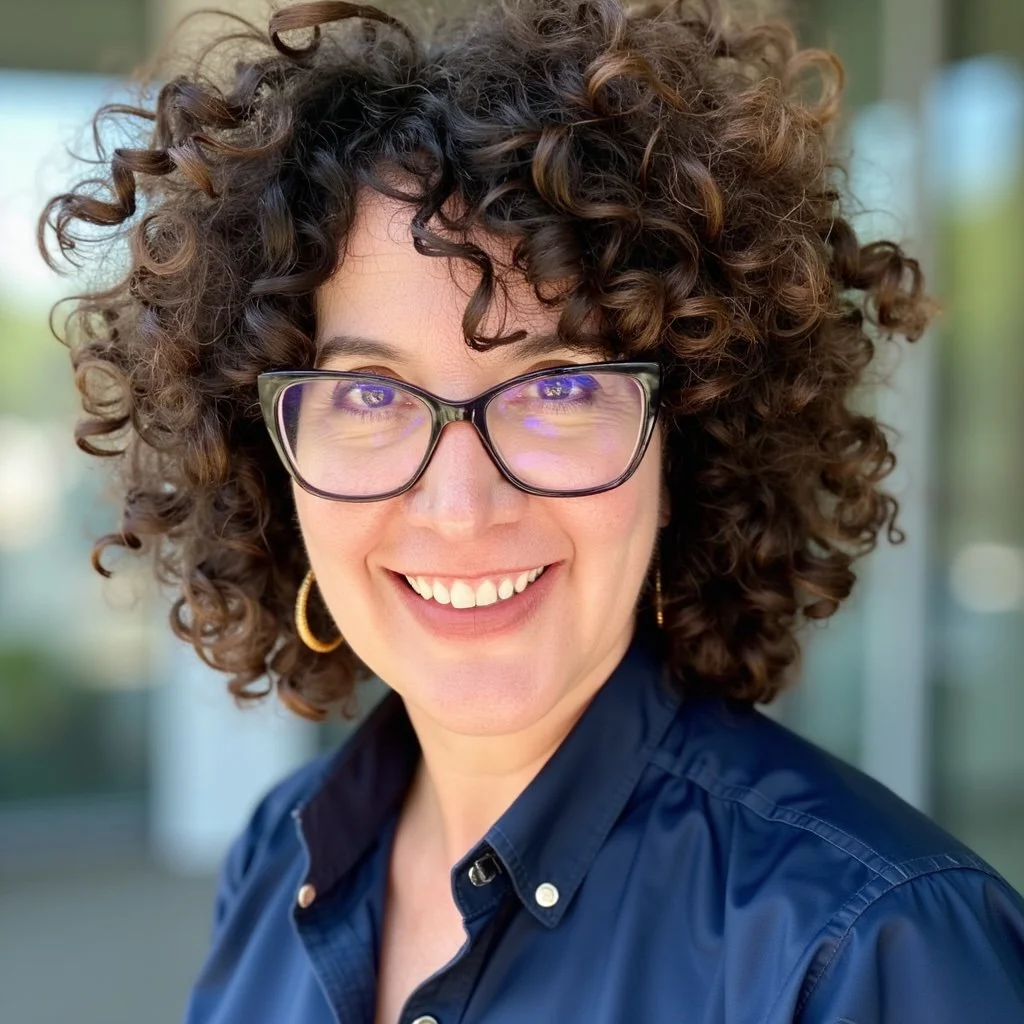 Close-up of a woman with dark curly hair, glasses, wearing a navy blue shirt, smiling outdoors.