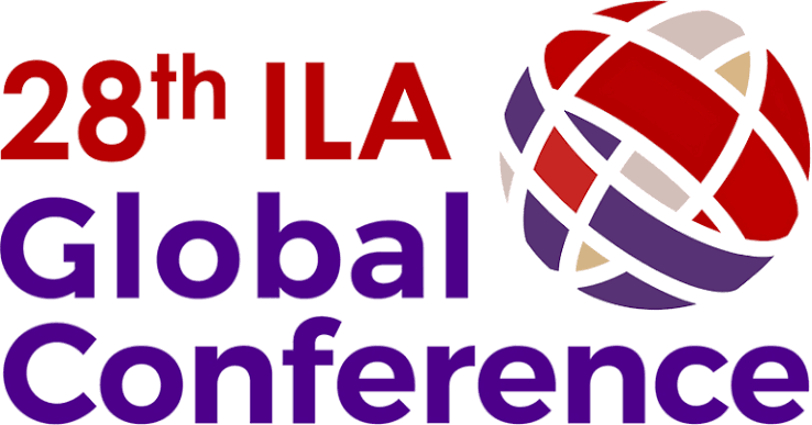 Logo for the 28th ILA Global Conference featuring a stylized globe with red, purple, and beige intersecting lines.