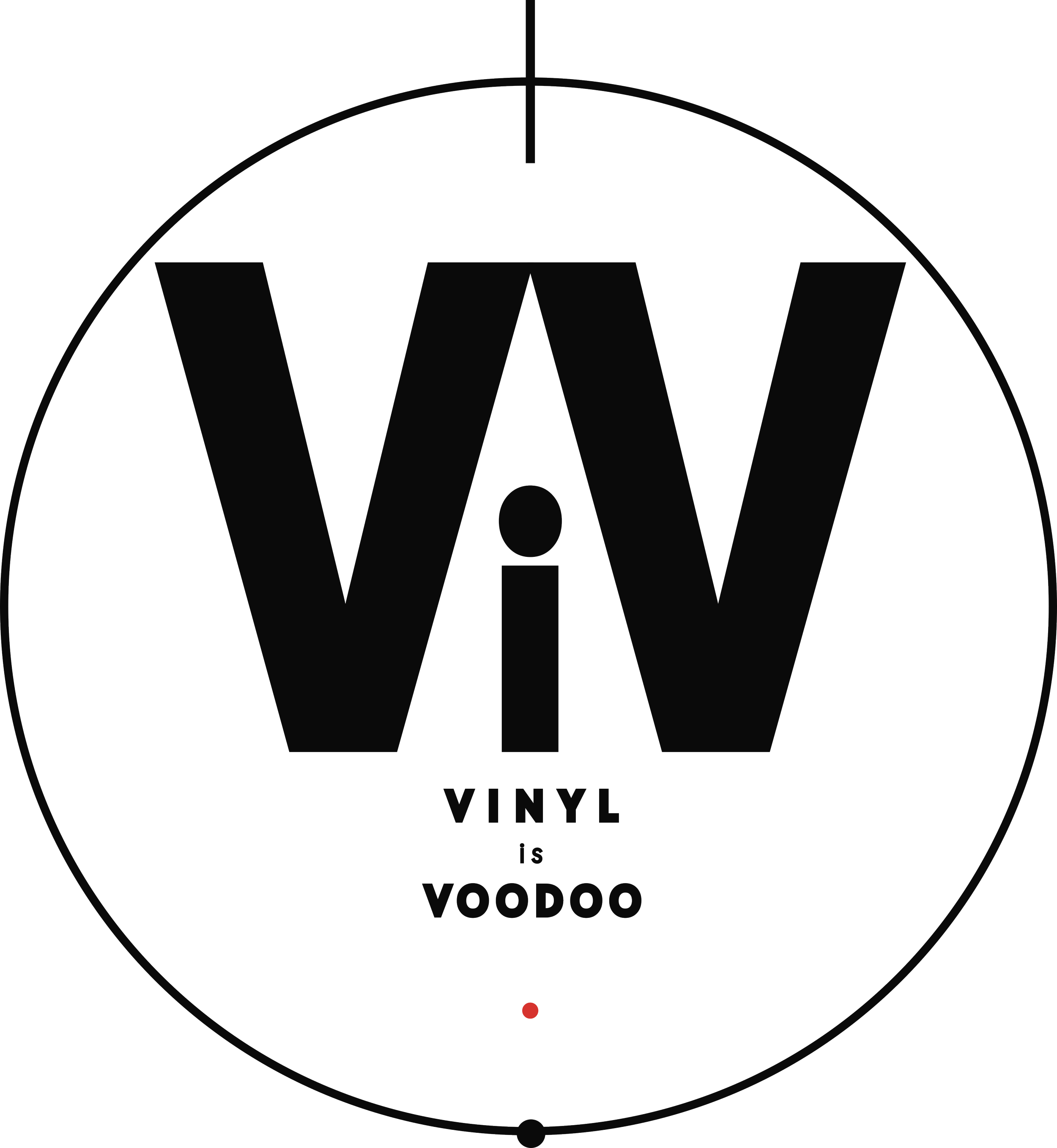 Black circular logo featuring large white stylized ViV  at the top, and the words 'VINYL is VOODOO' in white capital letters in the middle and bottom of the circle. A small red dot is below the word 'Voodoo' in the center. The background is black.