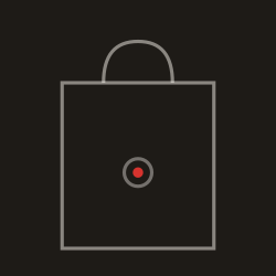 A stylized icon of a record tote with the Vinyl is Voodoo red mark  in the center and a circular handle at the top, on a dark background.