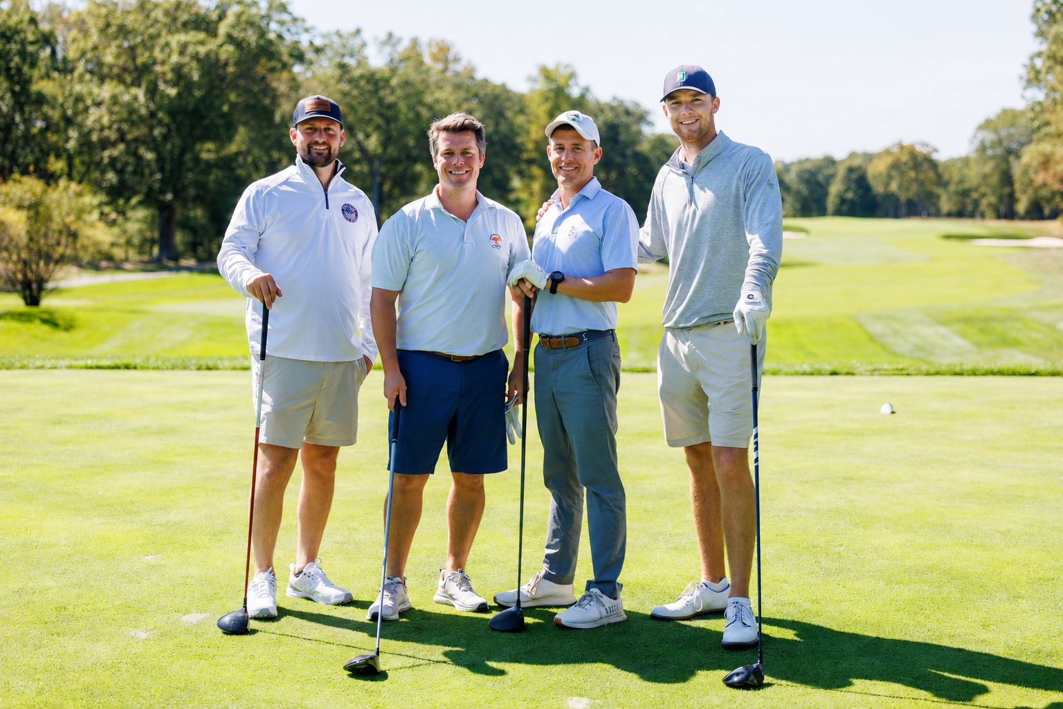 A corporate event professional photo of four men on a golf course standing side by side with golf clubs, smiling at the camera, with trees and a clear sky in the background.