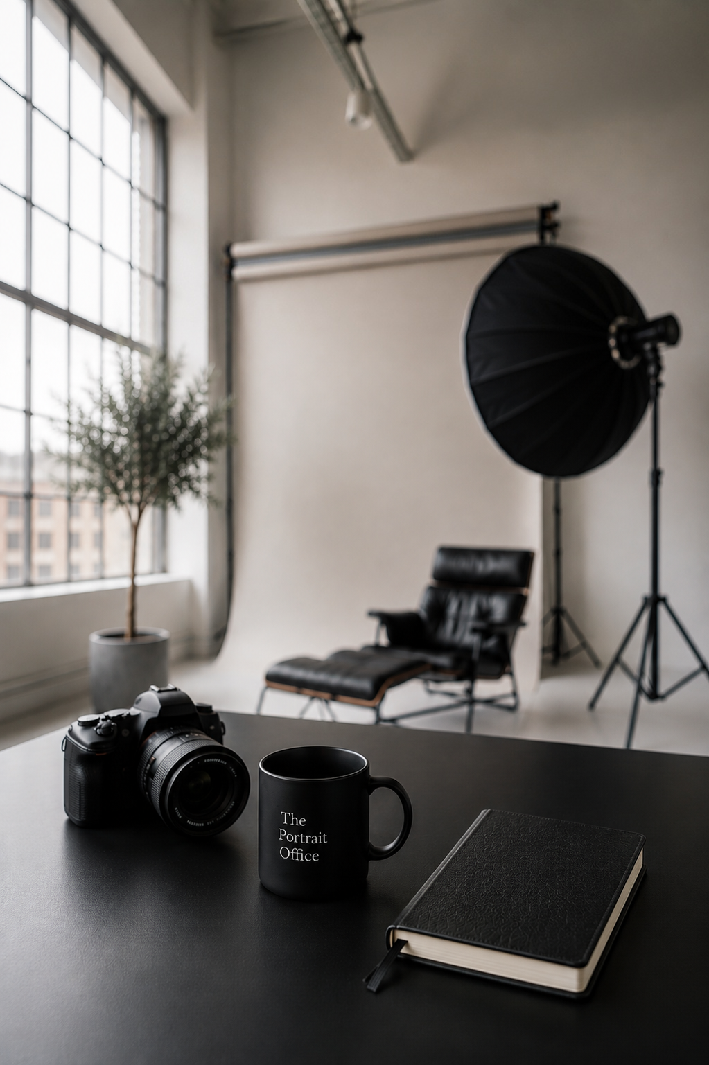 Photography studio with a black camera, a black mug that reads 'The Portrait Office', a black notebook with a textured cover, and a black soft armchair in front of a white backdrop. Large window with grid panes, a potted plant, and studio lighting equipment in the background.