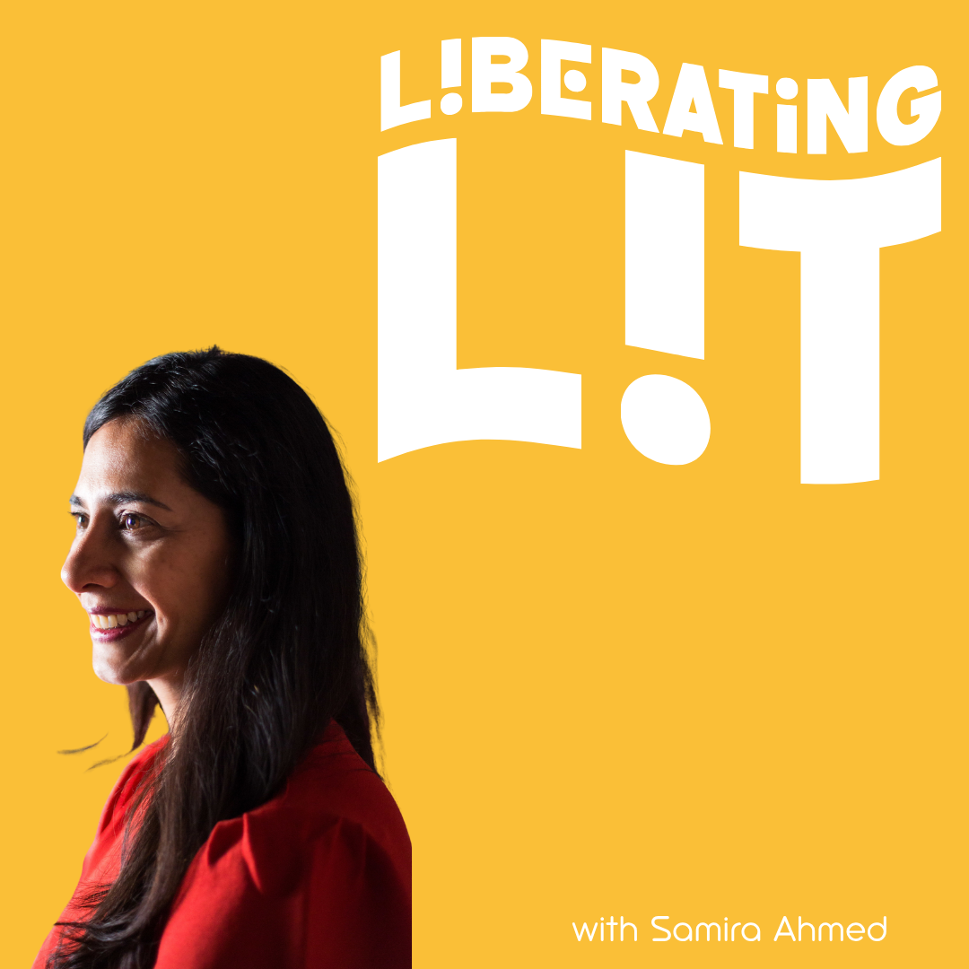 Samira Ahmed headshot with logo for Liberating Lit behind her