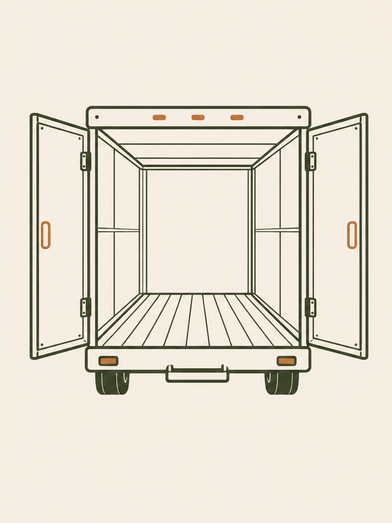 Illustration of an empty open cargo truck trailer with double rear doors and a wooden floor.