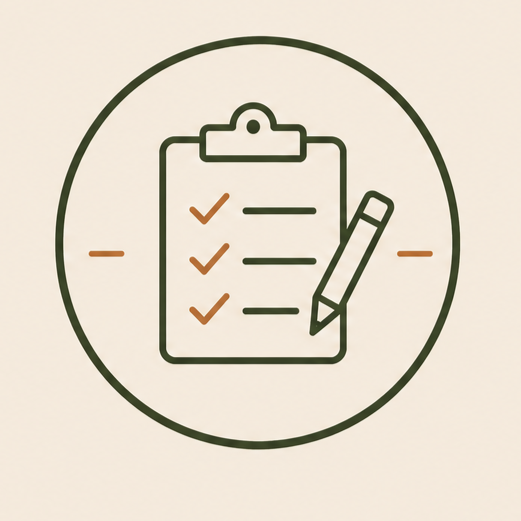 Icon of a clipboard with a checklist and a pen inside a circle.