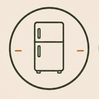 Line drawing of a refrigerator with a top freezer section and a bottom refrigerator section, encased in a circle.