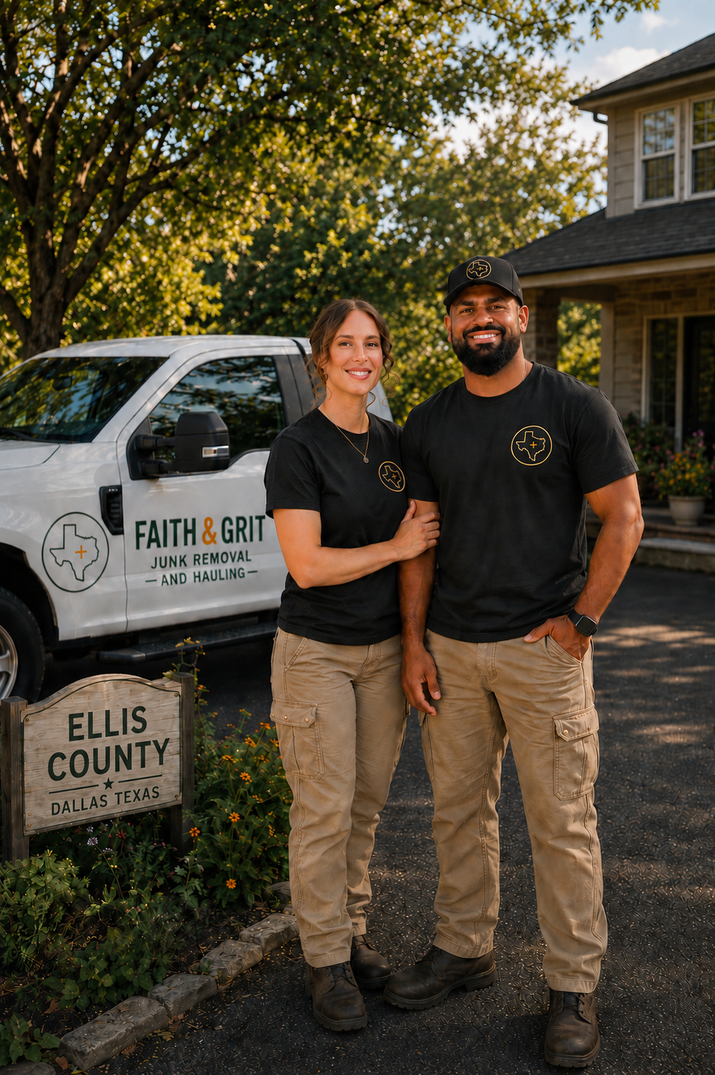 Two people standing outside in front of a junk removal truck, smiling. The woman has brown hair and is wearing a black shirt and beige pants. The man has a beard and is wearing a black shirt, beige pants, and a cap. There is a sign in front of them that reads "Ellis County Dallas Texas," with a house behind them and greenery around.